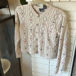 Vintage 90s Liz Wear Southwestern Linen Blend Cardigan Eyelet Sweater